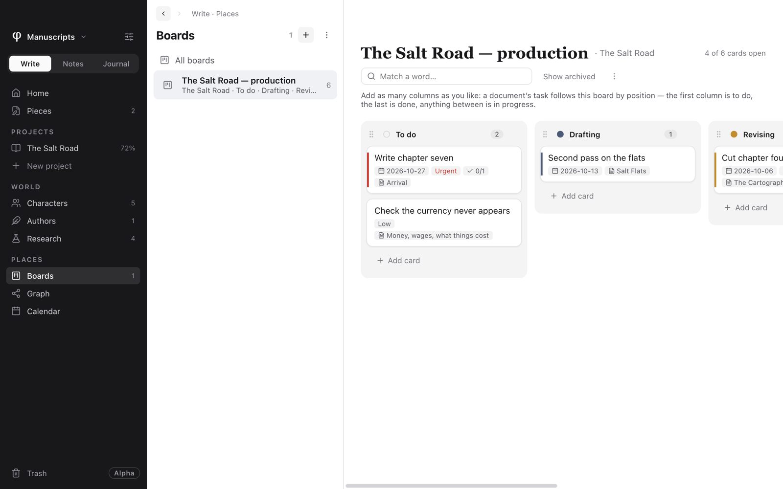 A tasks board for The Salt Road, with To do, Drafting and Revising columns of cards showing due dates, priorities and linked chapters