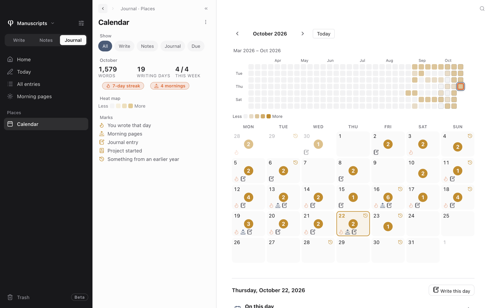 El calendario: las cifras del mes, la racha y las marcas en la lista; un mapa de calor de los últimos meses sobre la cuadrícula del mes, y el día seleccionado con Escribir este día