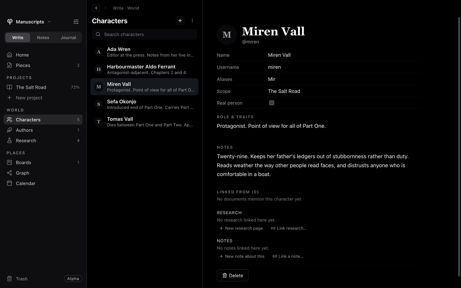 A character's sheet: name, username, aliases, scope, role and traits, notes, and the documents, research and notes linked to them