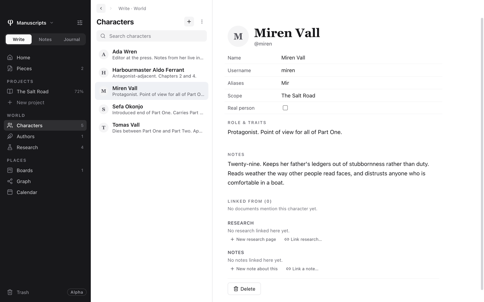 A character's sheet: name, username, aliases, scope, role and traits, notes, and the documents, research and notes linked to them