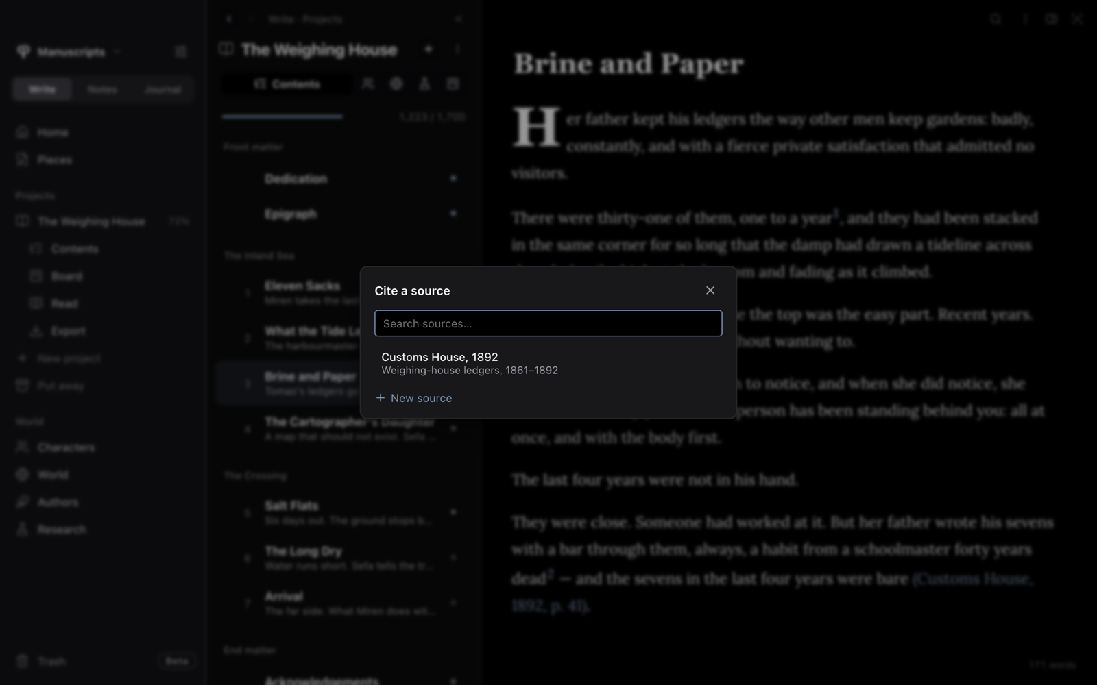 The Cite a source dialog over a chapter, with the search field, a source and New source