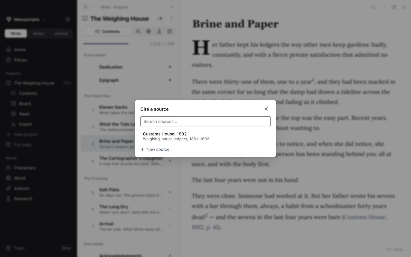 The Cite a source dialog over a chapter, with the search field, a source and New source