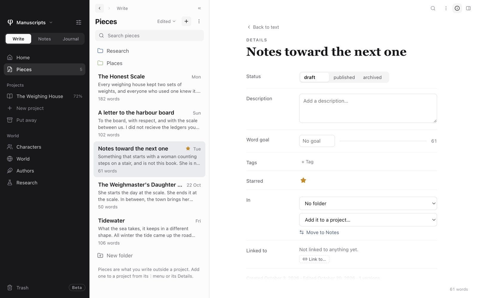 The Details page of a piece: status, description, word goal, tags, folder and links