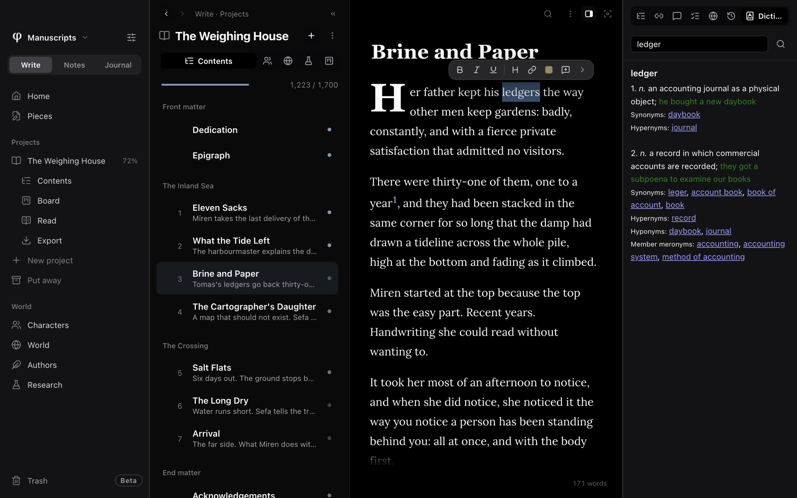 A word selected in a chapter, and its definitions and synonyms in the Info panel's Dictionary tab