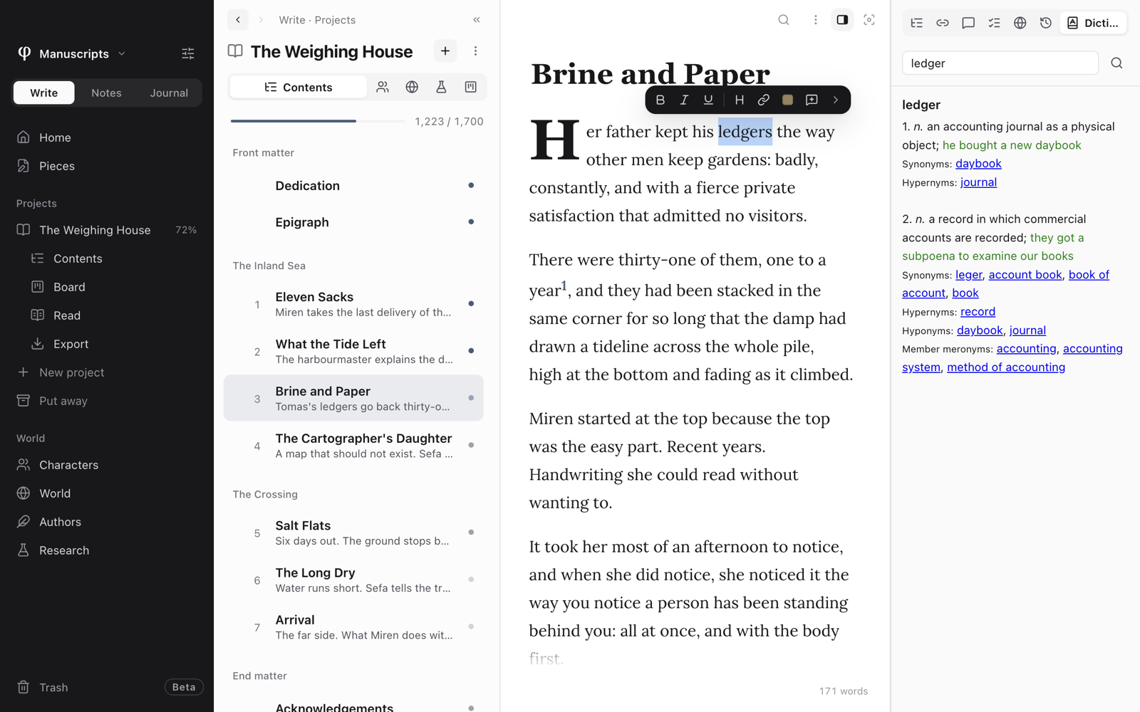 A word selected in a chapter, and its definitions and synonyms in the Info panel's Dictionary tab