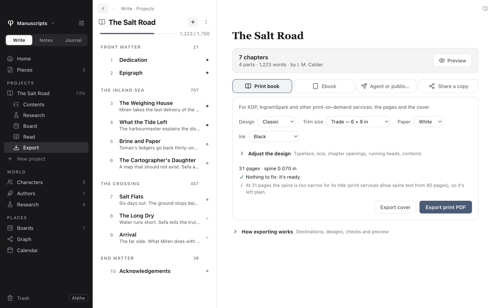 The Print book tab: design, trim size, paper and ink, the check, and Export cover and Export print PDF