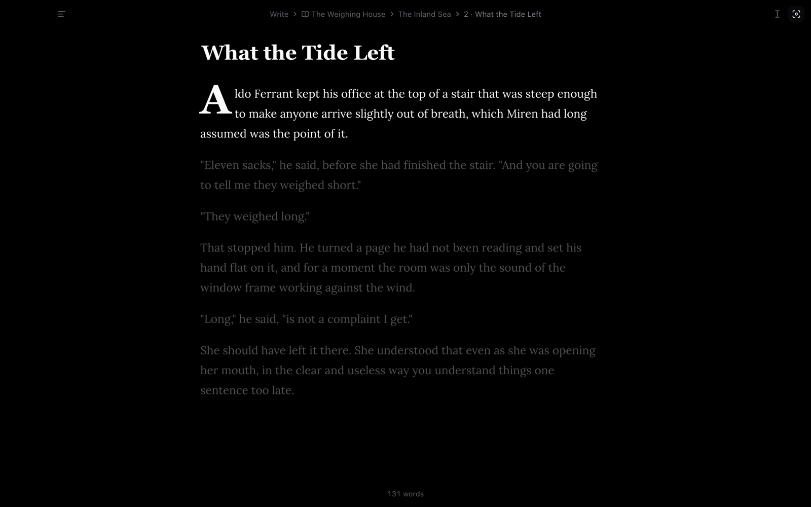 A chapter in Sanctuary: the page alone, with every sentence but the current one dimmed