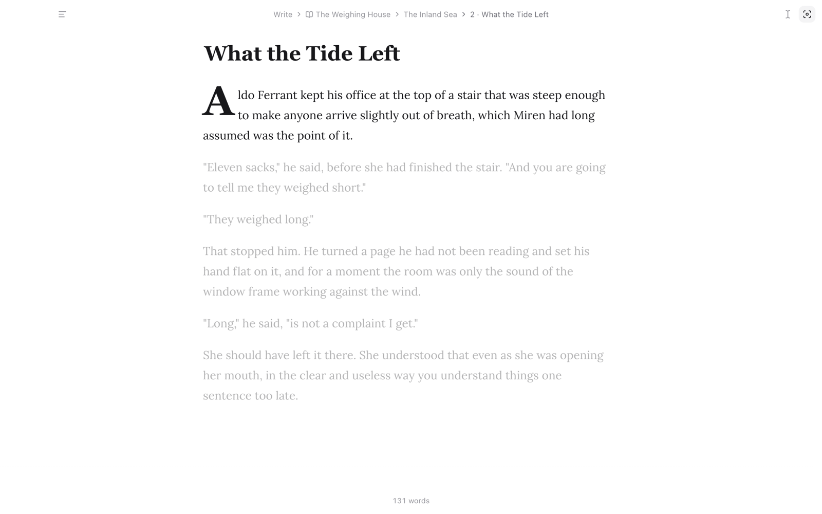 A chapter in Sanctuary: the page alone, with every sentence but the current one dimmed
