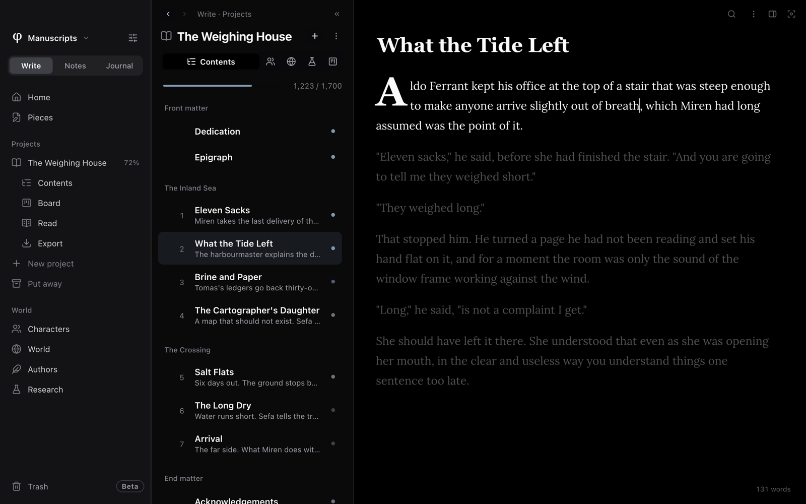 Focus typing set to Paragraph: the paragraph being written is clear and the rest is dimmed