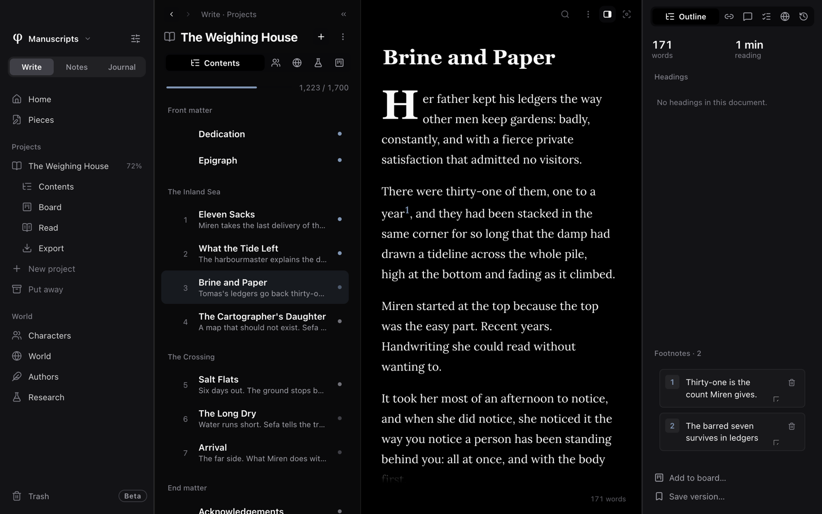 A chapter with a footnote marker in its text, and the Info panel's Outline listing the chapter's two footnotes
