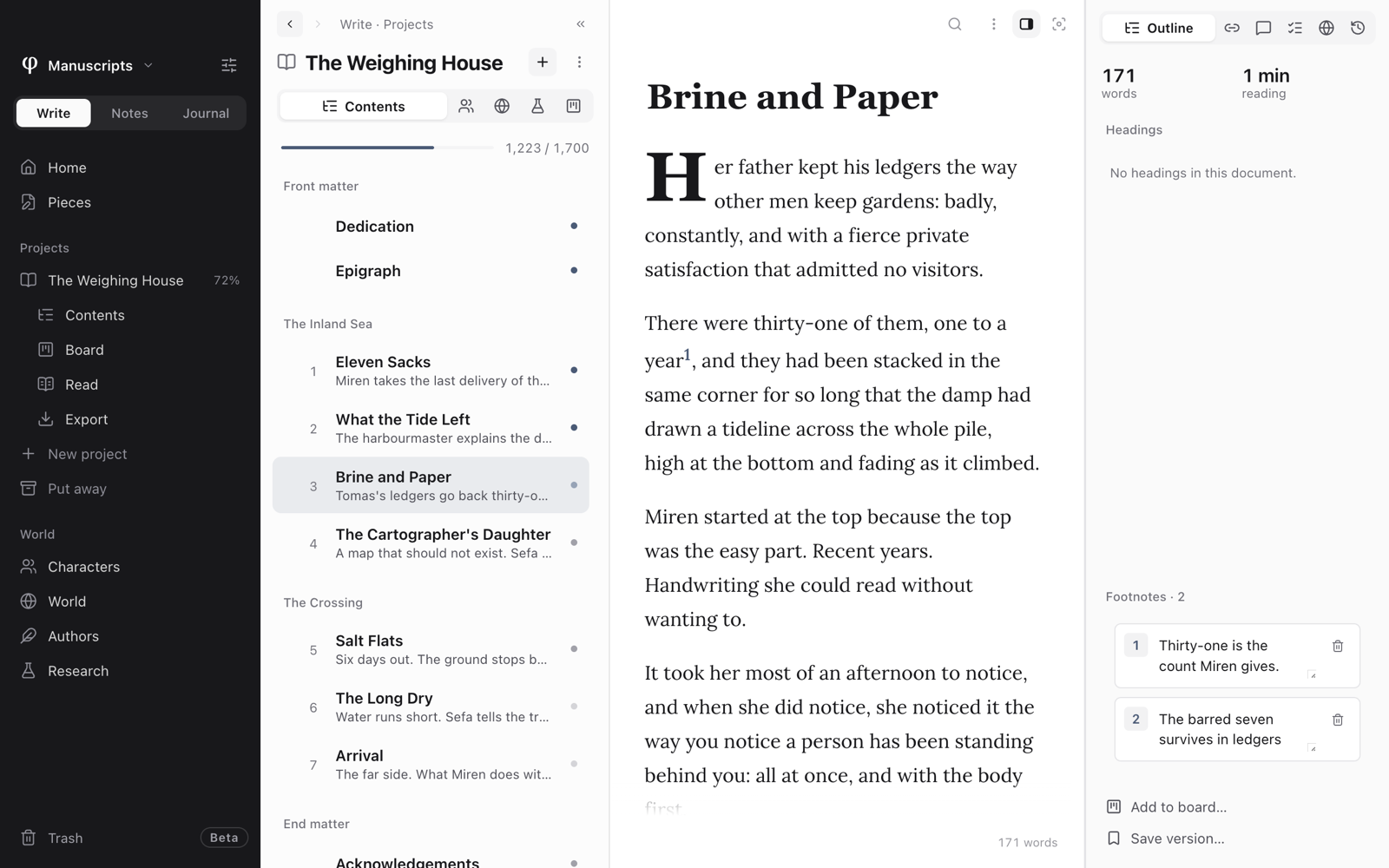A chapter with a footnote marker in its text, and the Info panel's Outline listing the chapter's two footnotes