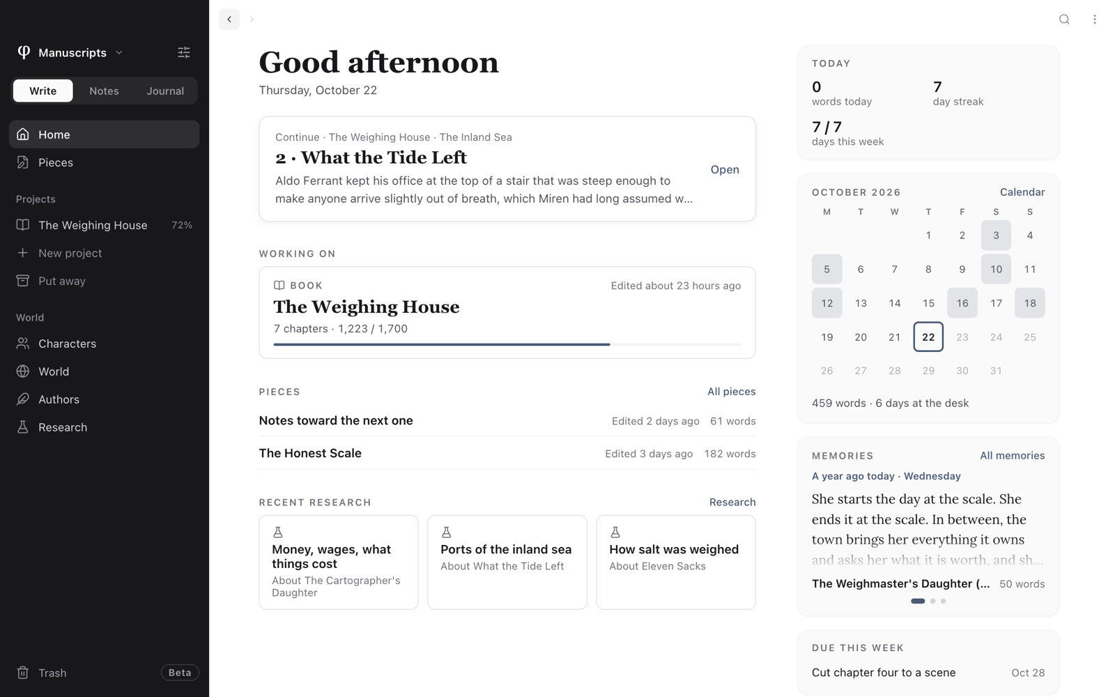 Write's Home, where a vault opens: the chapter to continue, the project in progress, recent pieces and research, and today's figures beside the month