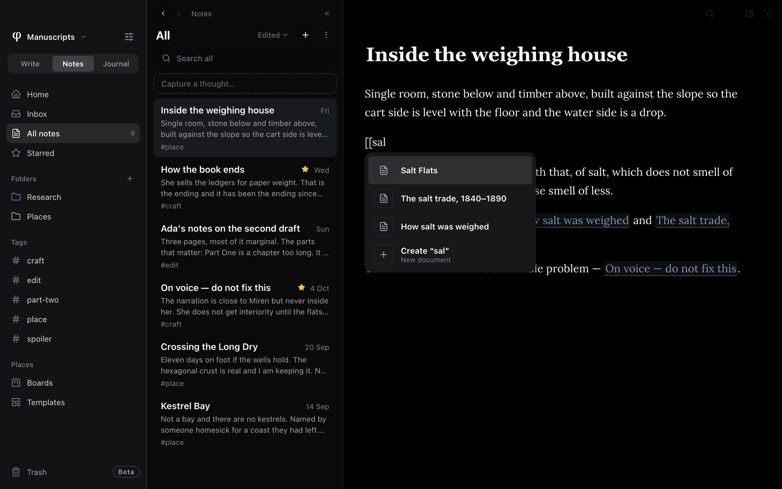 A note with two square brackets and a few letters typed, and the menu of matching documents open