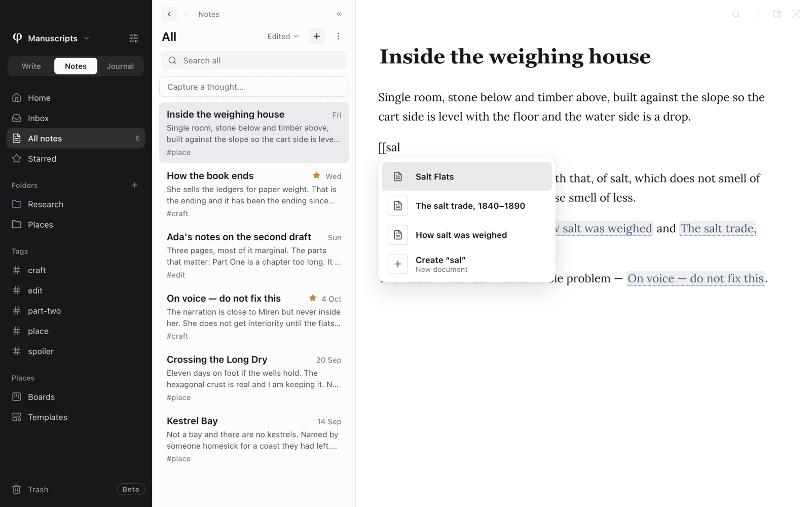 A note with two square brackets and a few letters typed, and the menu of matching documents open