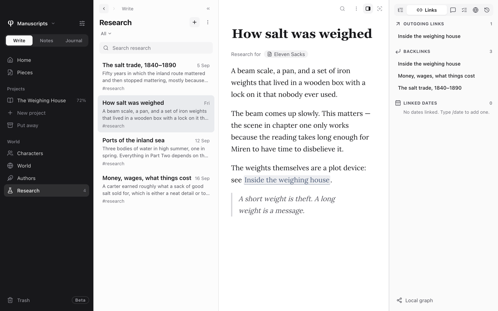 A research page with a wiki-link in its text, and the Info panel's Links tab listing its outgoing links, backlinks and linked dates