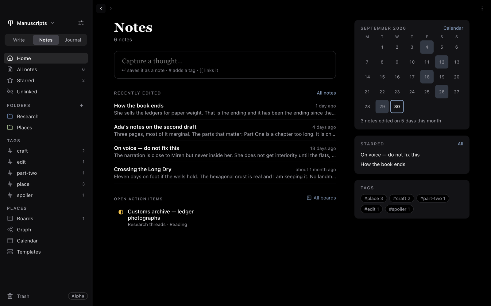 Notes' Home: the Capture a thought box, recently edited notes and open action items, with the month, starred notes and tags on the right
