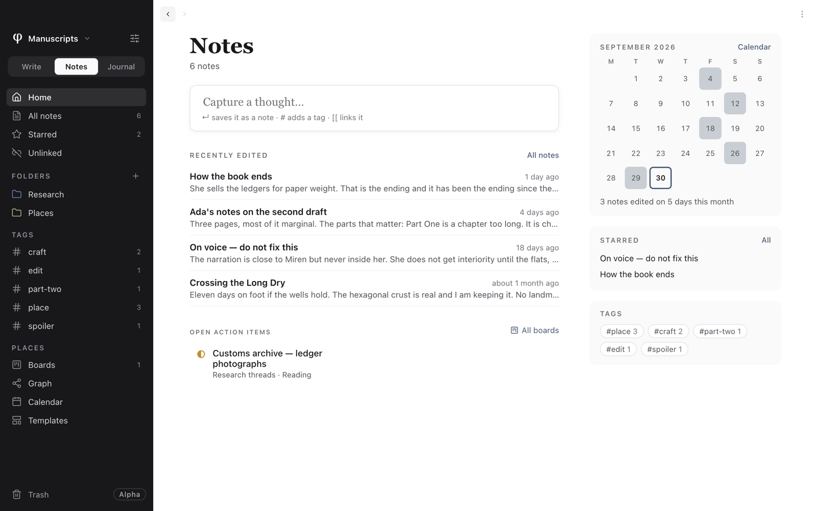 Notes' Home: the Capture a thought box, recently edited notes and open action items, with the month, starred notes and tags on the right
