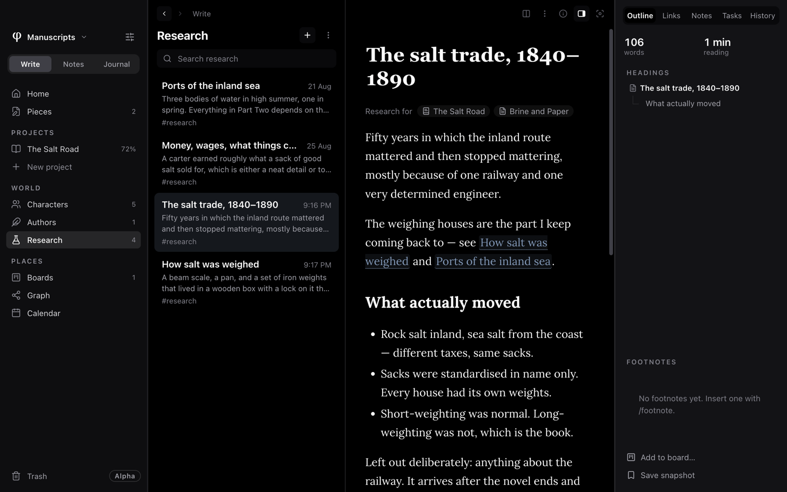 The Info panel beside a research page, on its Outline tab: words, reading time, headings and footnotes