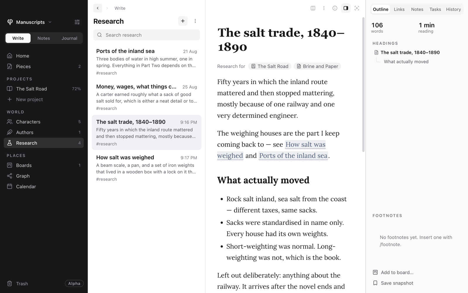The Info panel beside a research page, on its Outline tab: words, reading time, headings and footnotes
