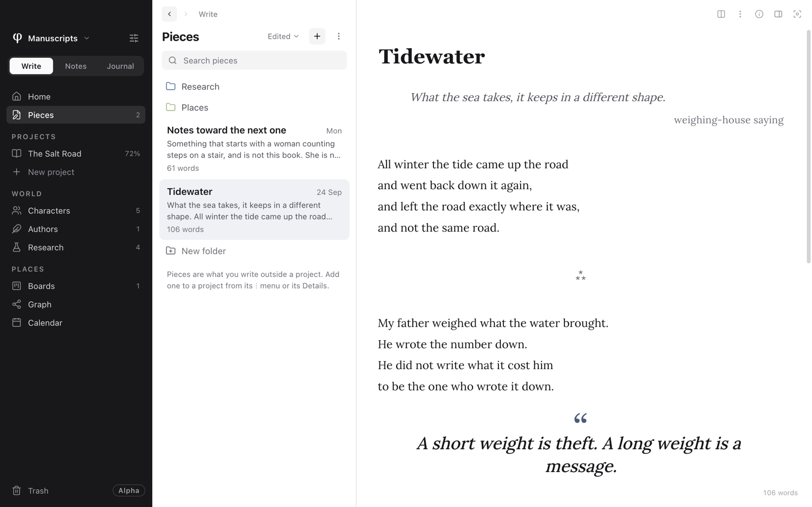 A poem on the page: an epigraph with its source, two stanzas of verse at the text margin, a scene break between them, and a pull quote below
