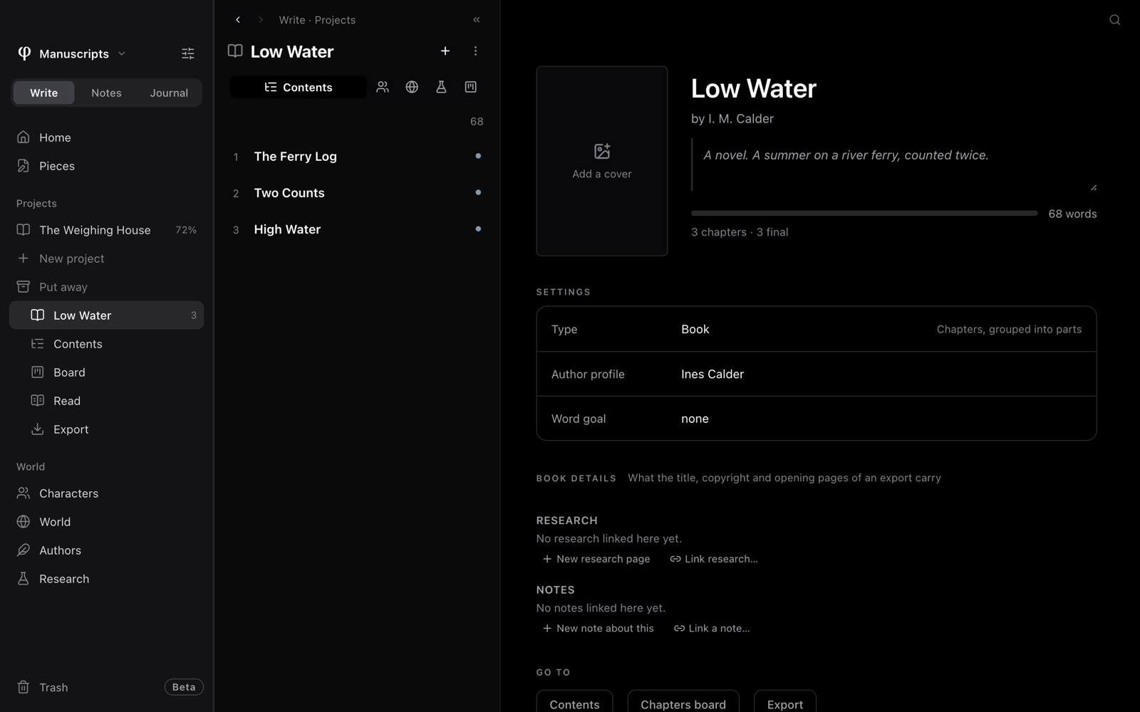 The sidebar's Projects with the Put away line open, showing Low Water, and that project's page