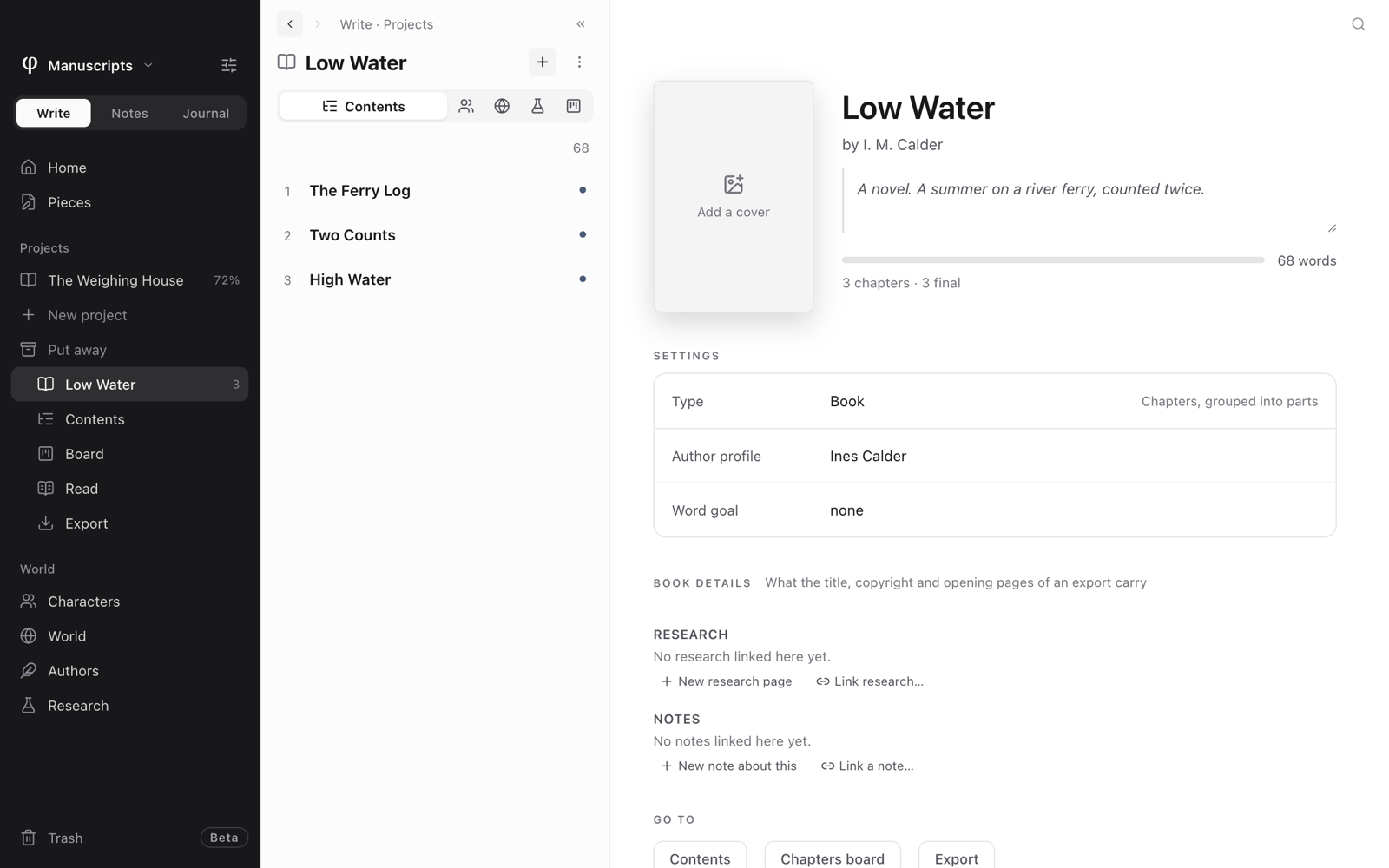 The sidebar's Projects with the Put away line open, showing Low Water, and that project's page