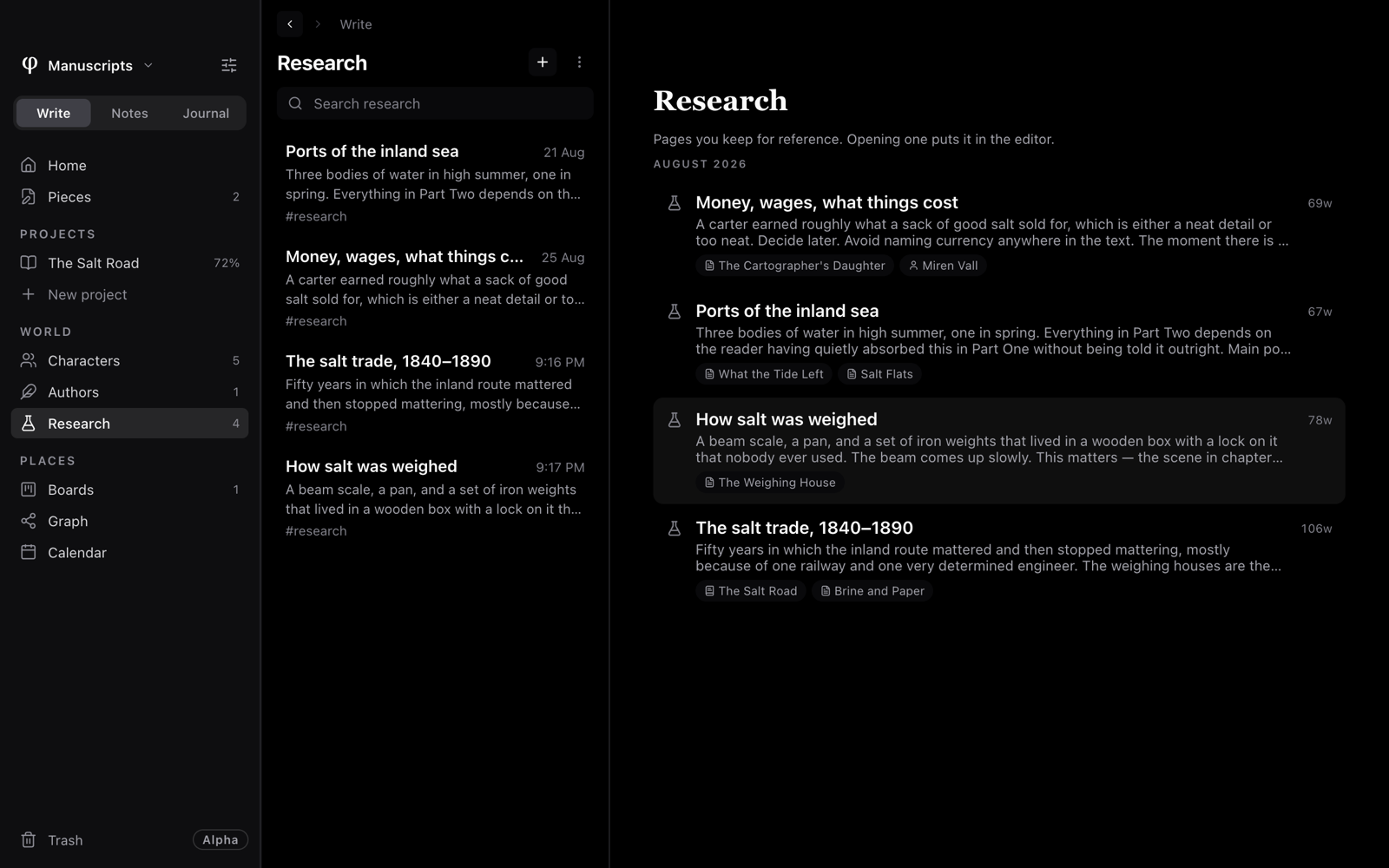 The Research list in Write, and the Research page gathering each research page with the chapters and characters it is linked to