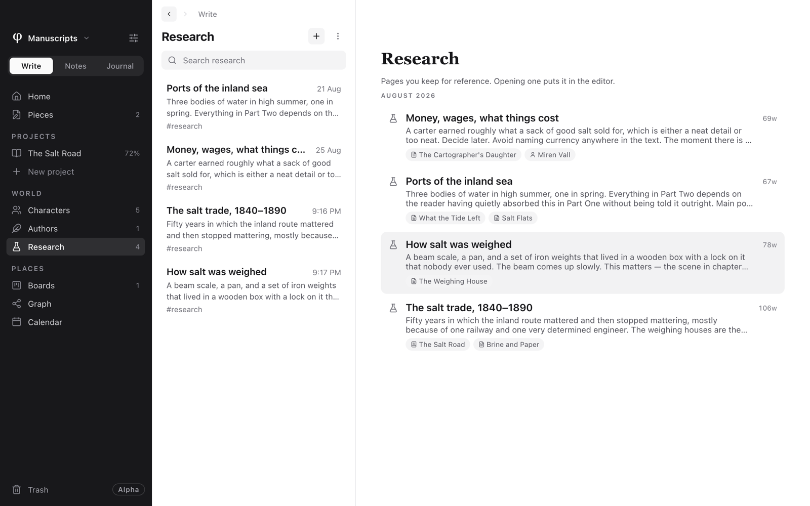 The Research list in Write, and the Research page gathering each research page with the chapters and characters it is linked to