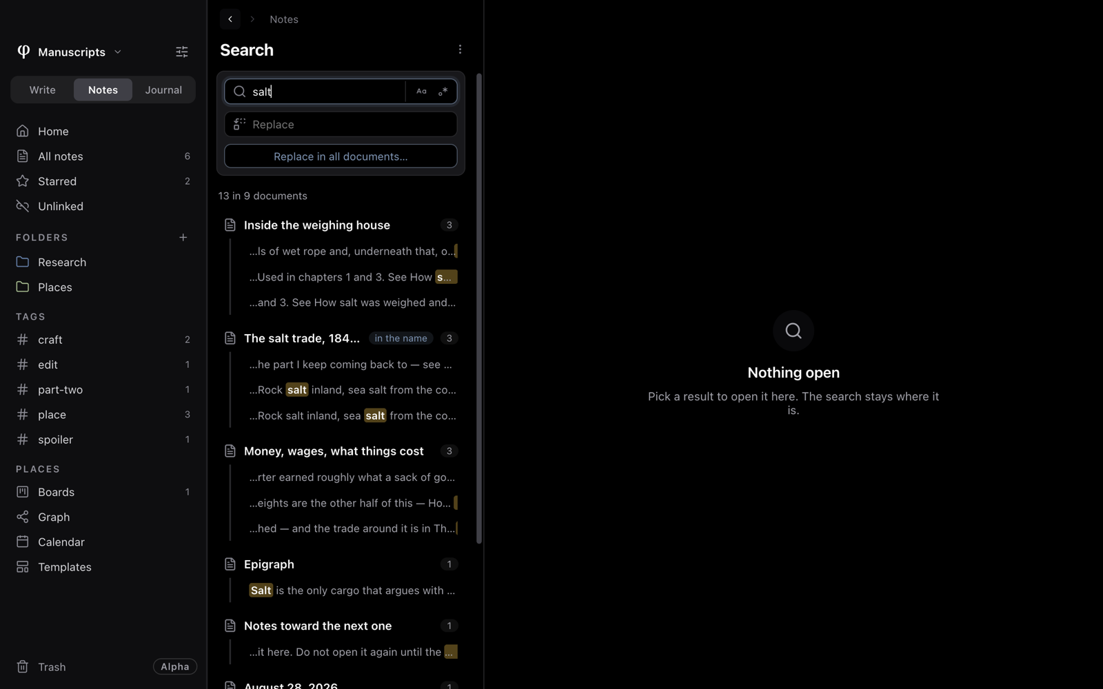 The Search page in the list column: a query and a replacement field, then matches grouped by document with the words in context