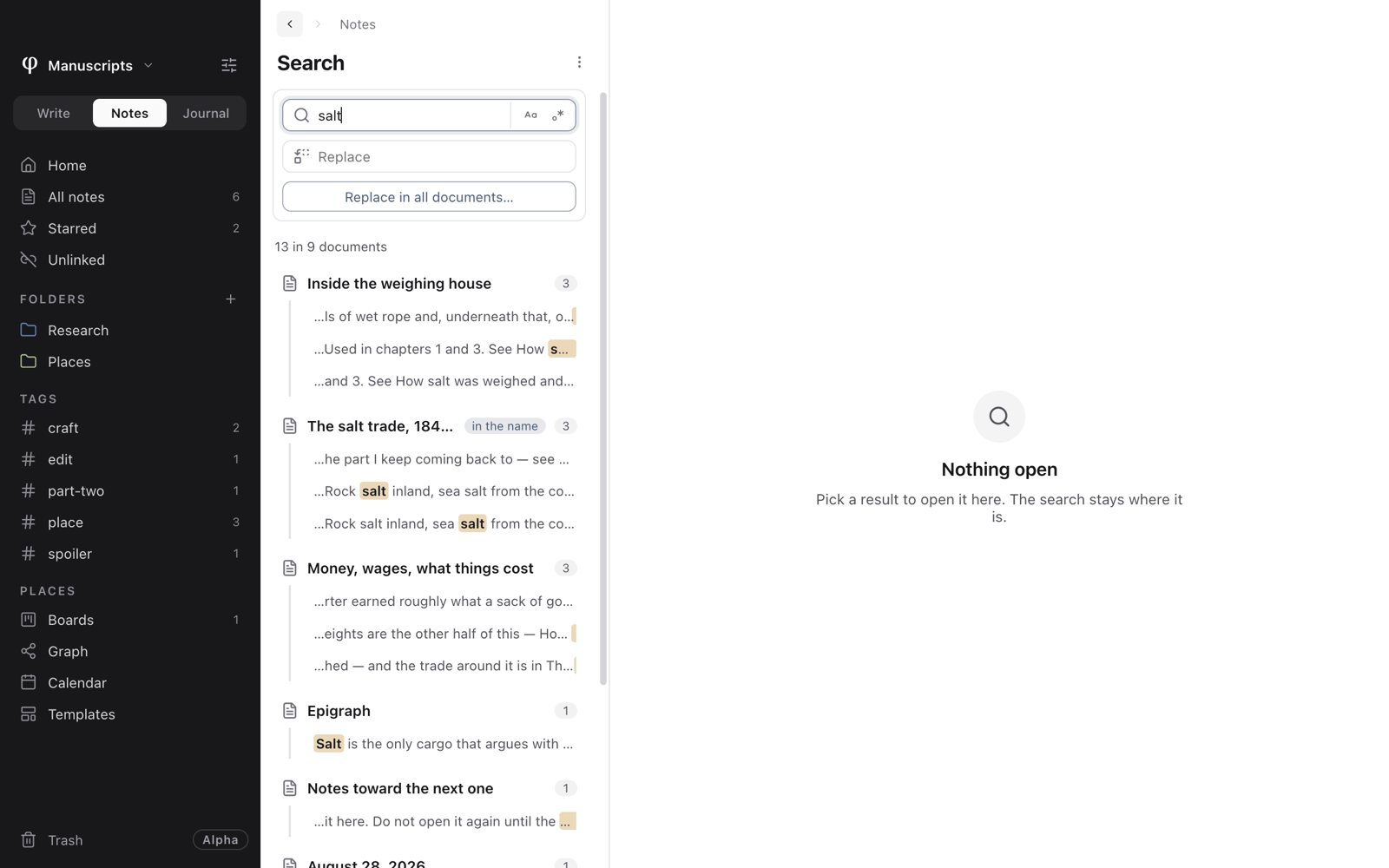 The Search page in the list column: a query and a replacement field, then matches grouped by document with the words in context