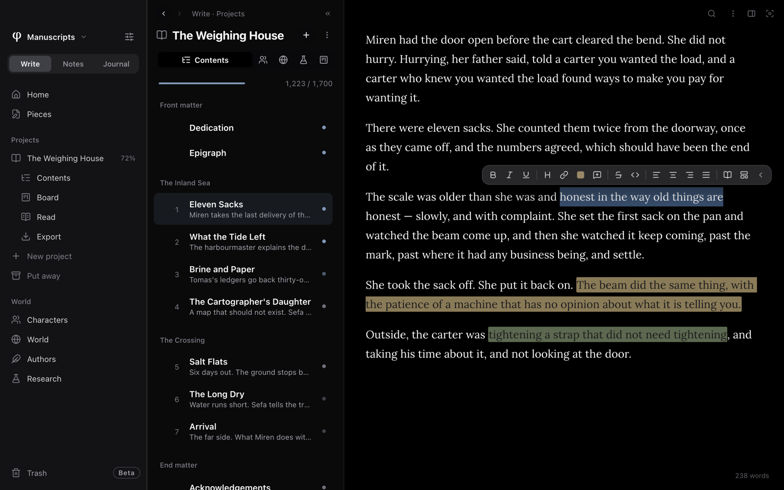 A few words selected in a chapter, with the toolbar above them and its extra tools showing