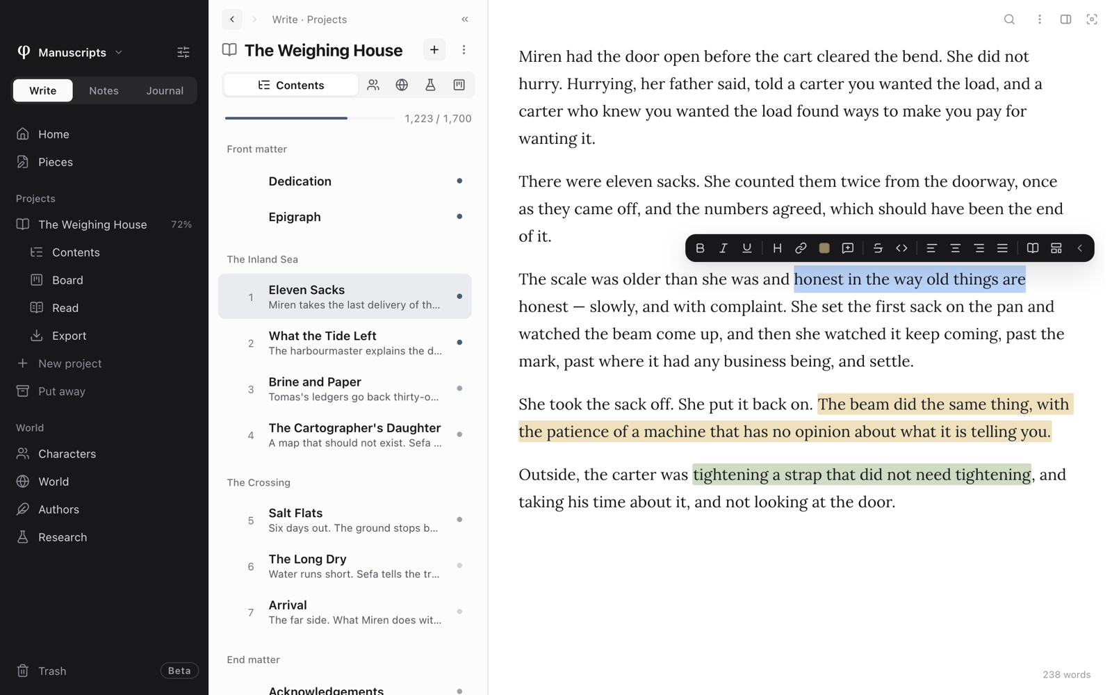 A few words selected in a chapter, with the toolbar above them and its extra tools showing