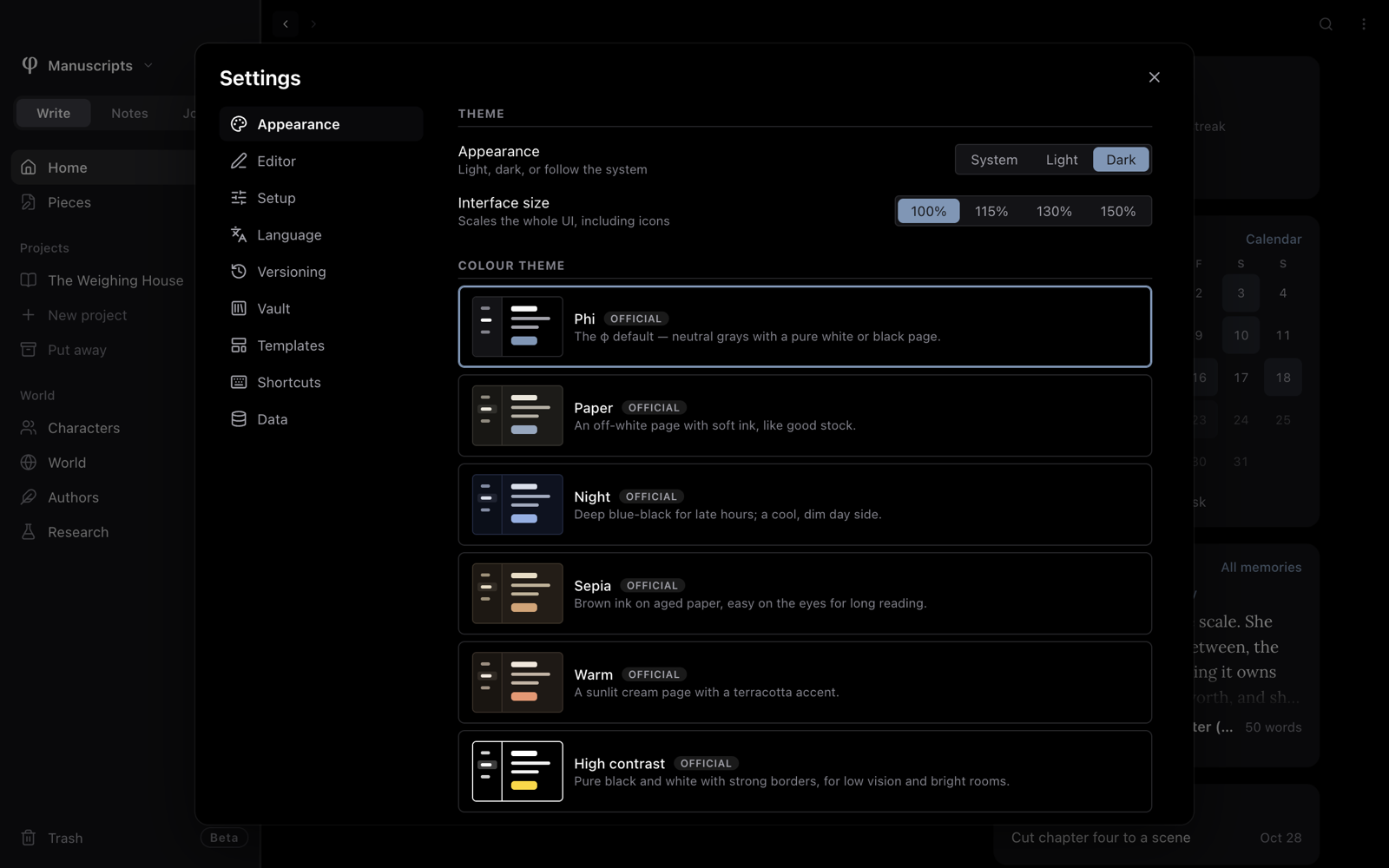 Settings open on Appearance: theme, interface size, colour theme and sidebar
