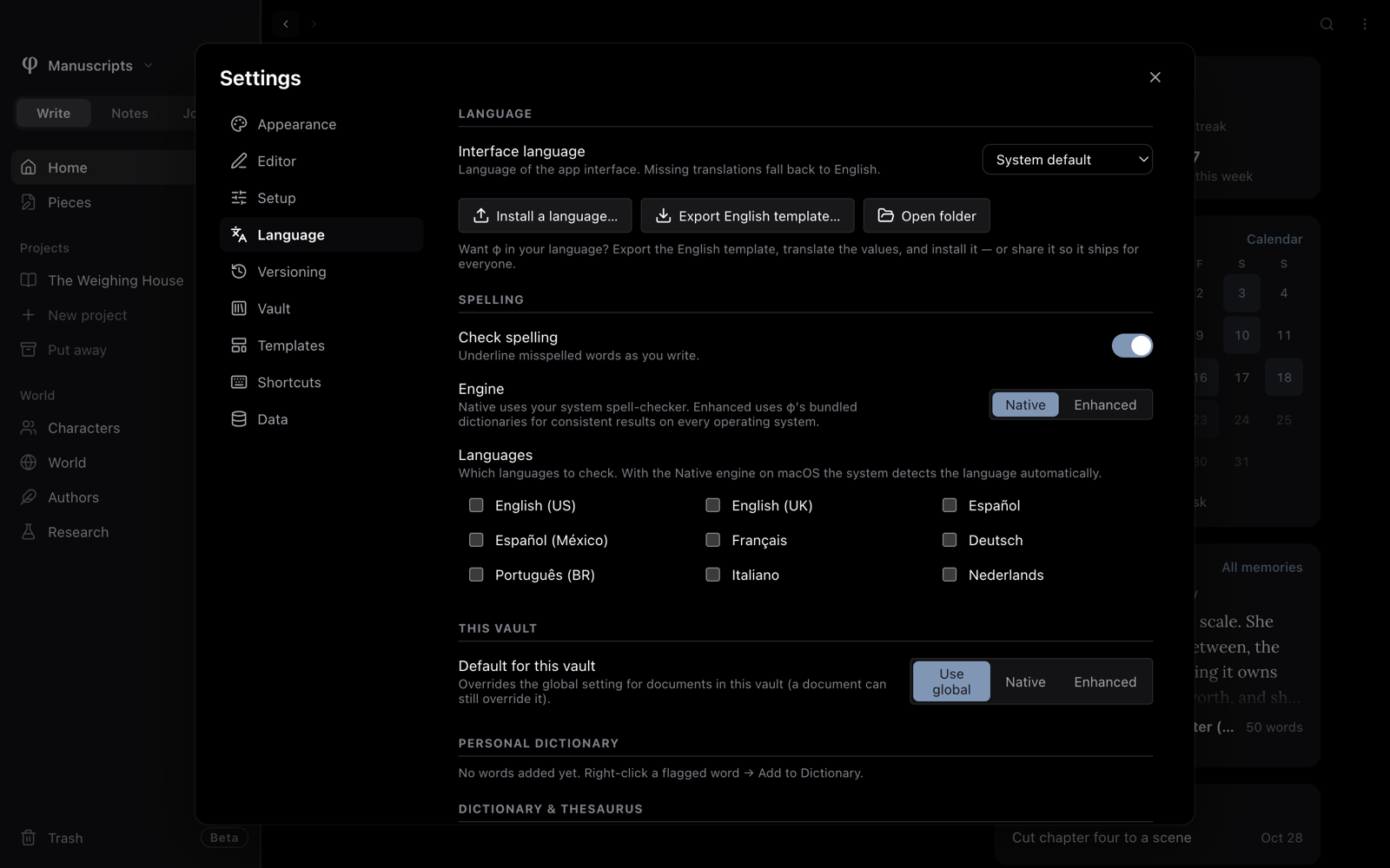 Settings open on Language: the interface language, spelling and the personal dictionary