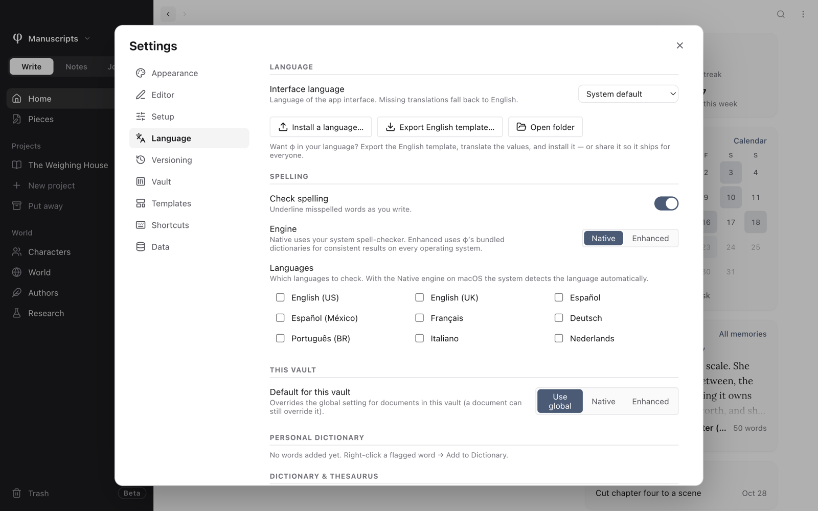 Settings open on Language: the interface language, spelling and the personal dictionary