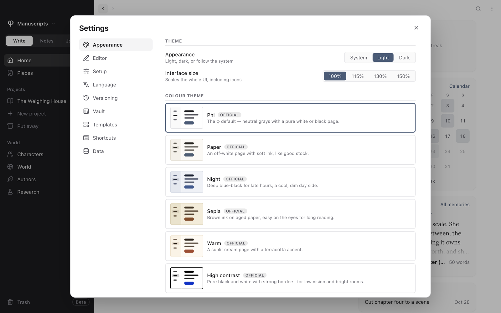 Settings open on Appearance: theme, interface size, colour theme and sidebar