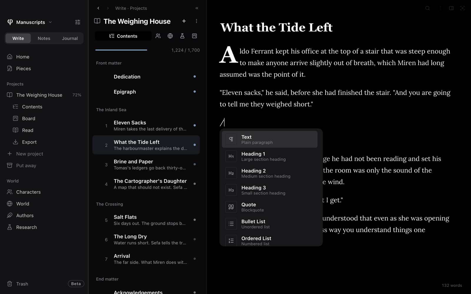 A chapter with a slash typed on an empty line and the block menu open