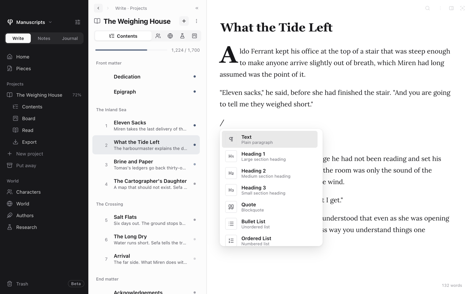 A chapter with a slash typed on an empty line and the block menu open