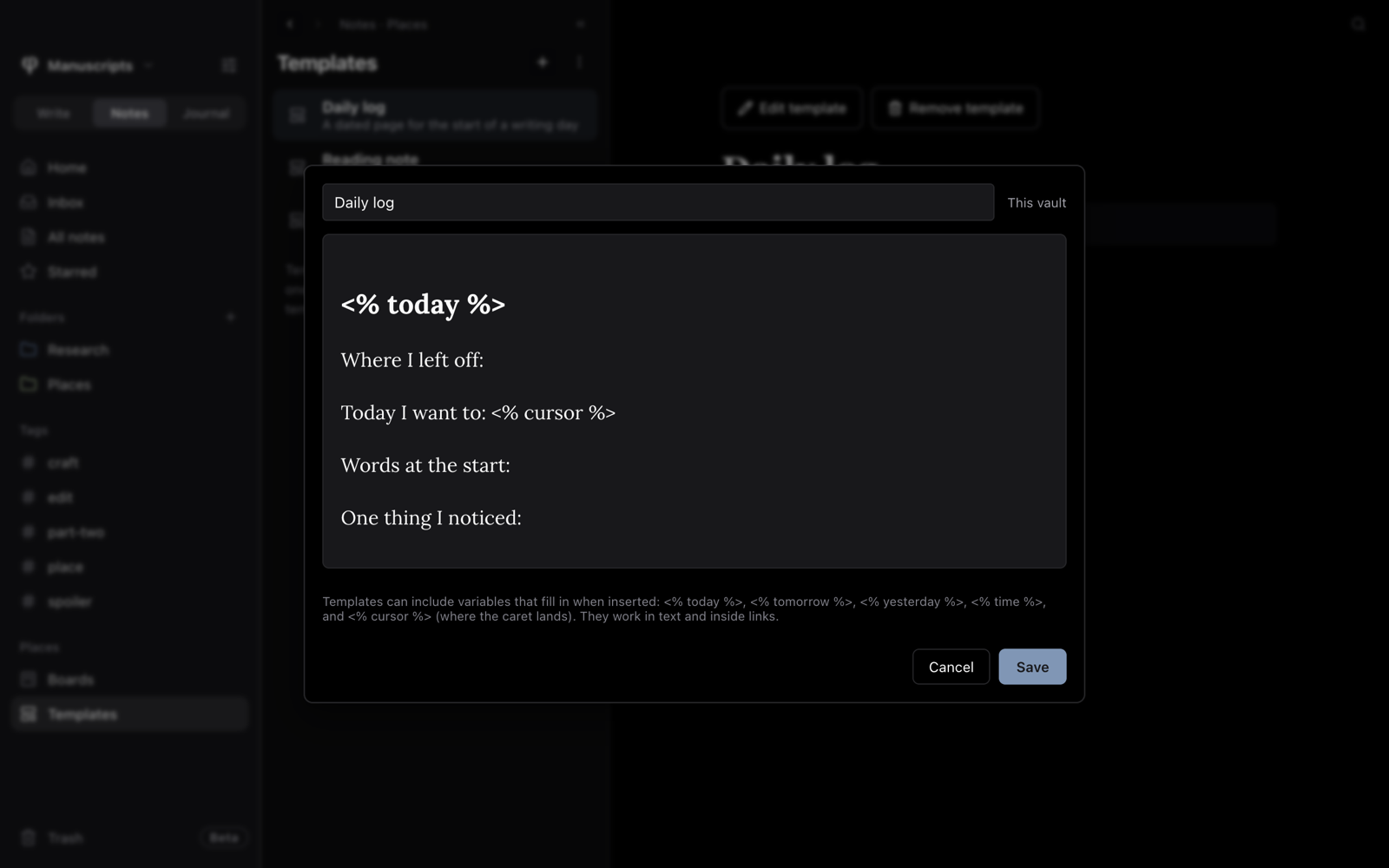 El editor de plantillas abierto en un registro diario que usa las variables de fecha y de cursor