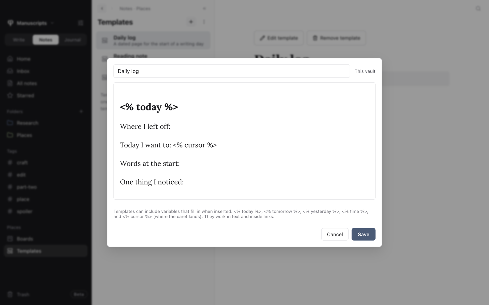 El editor de plantillas abierto en un registro diario que usa las variables de fecha y de cursor