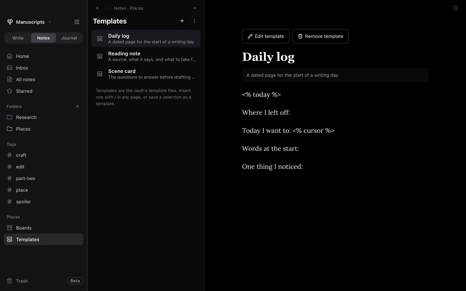 La página Plantillas en Notas, con tres plantillas en la lista y «Daily log» seleccionada