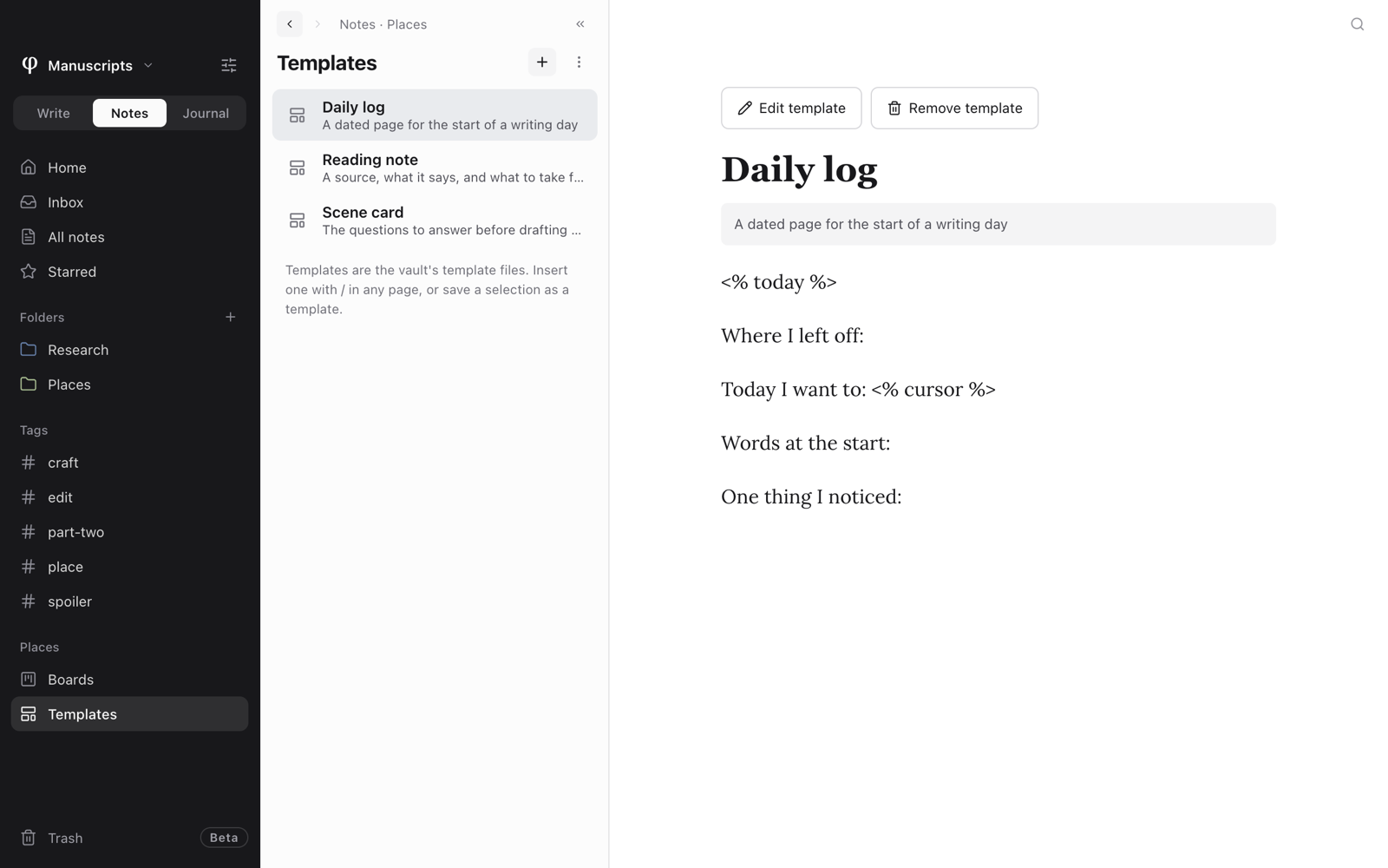 La página Plantillas en Notas, con tres plantillas en la lista y «Daily log» seleccionada