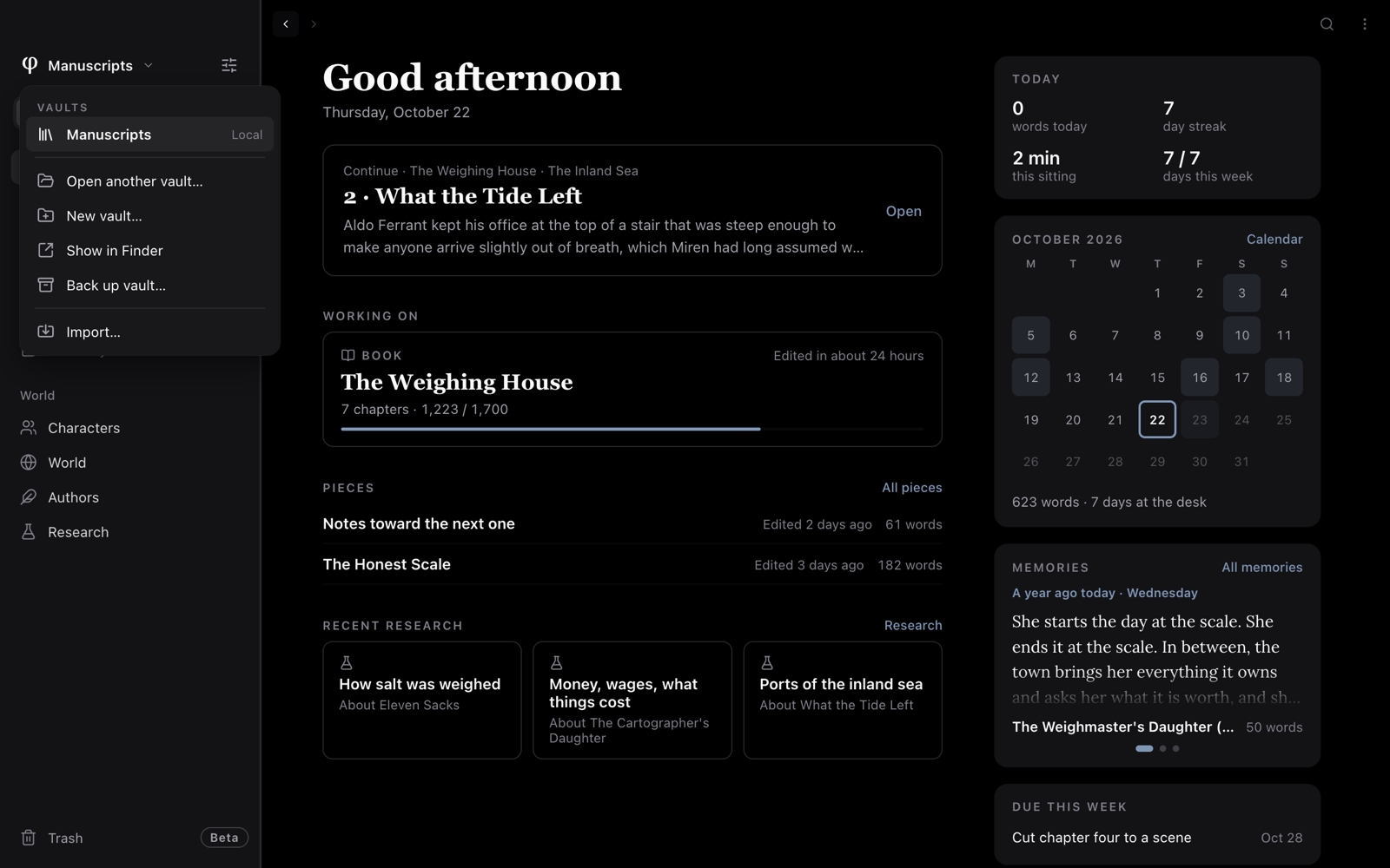 The vault menu open at the top of the sidebar