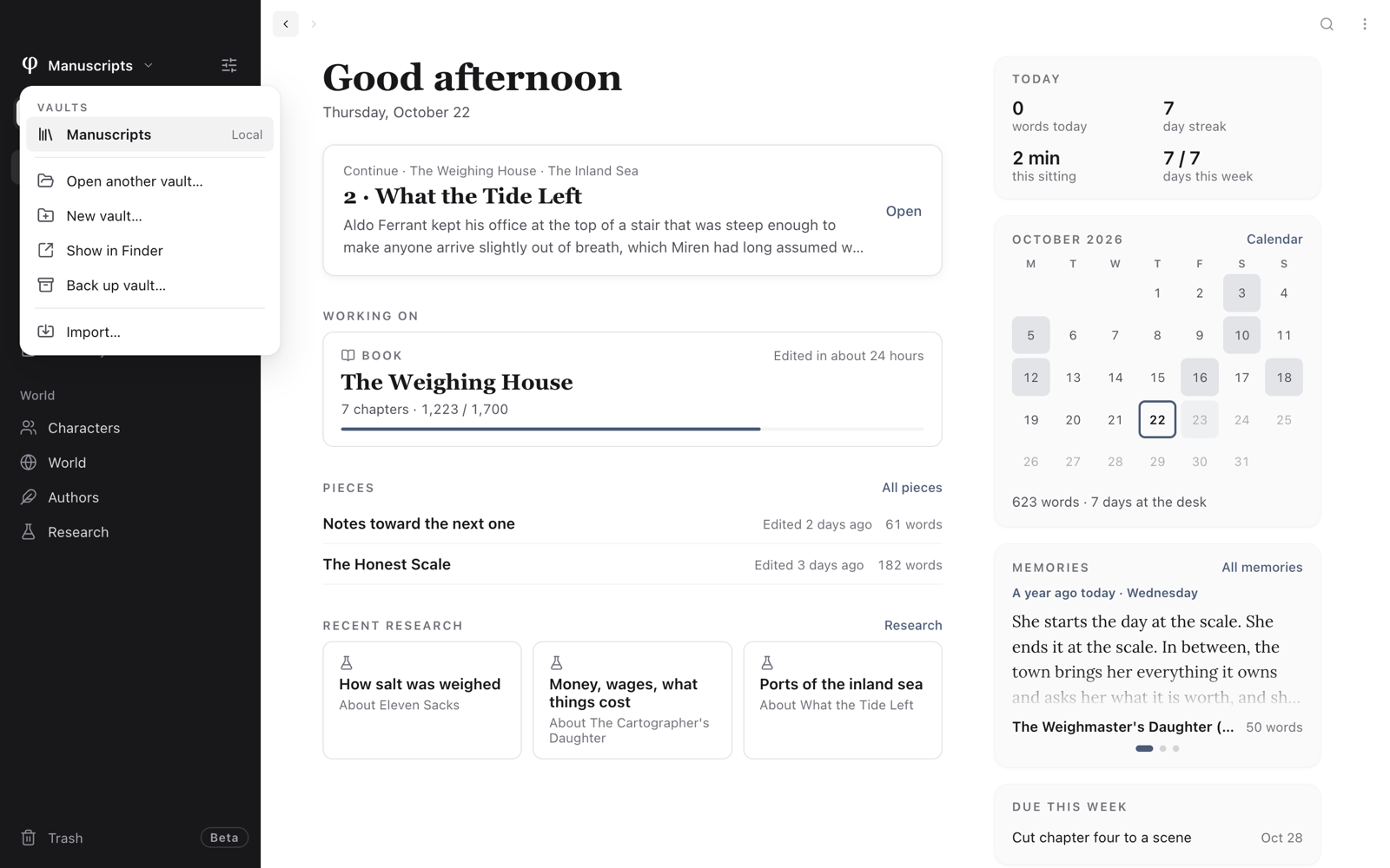 The vault menu open at the top of the sidebar