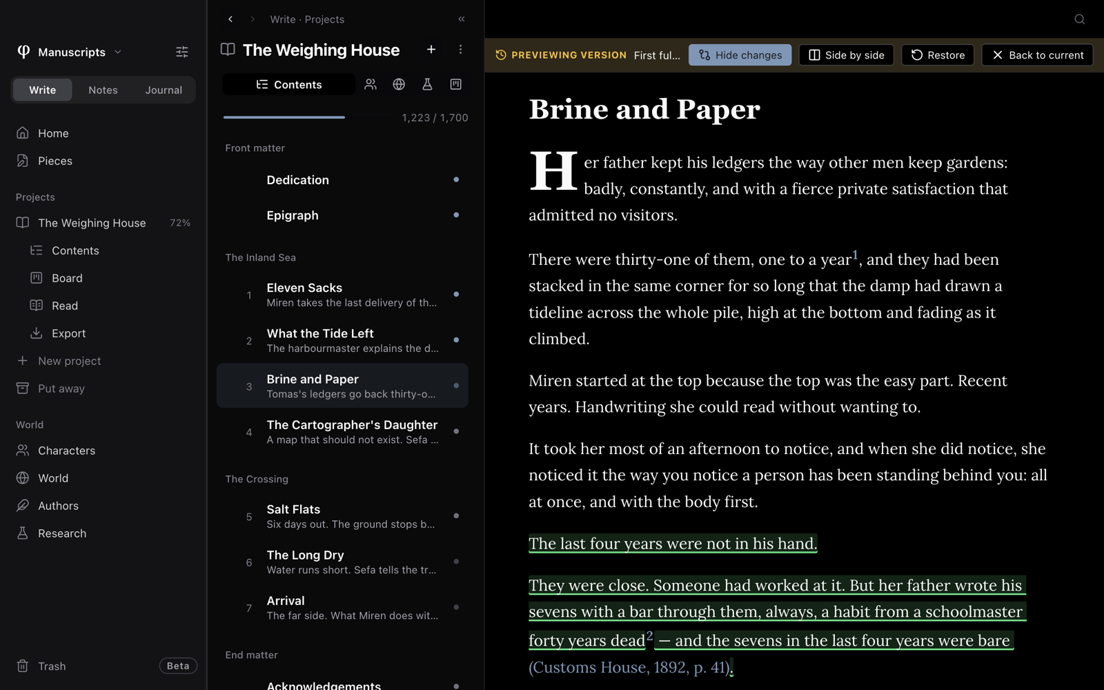 An earlier version of a chapter in preview, with its changes marked and the Restore button