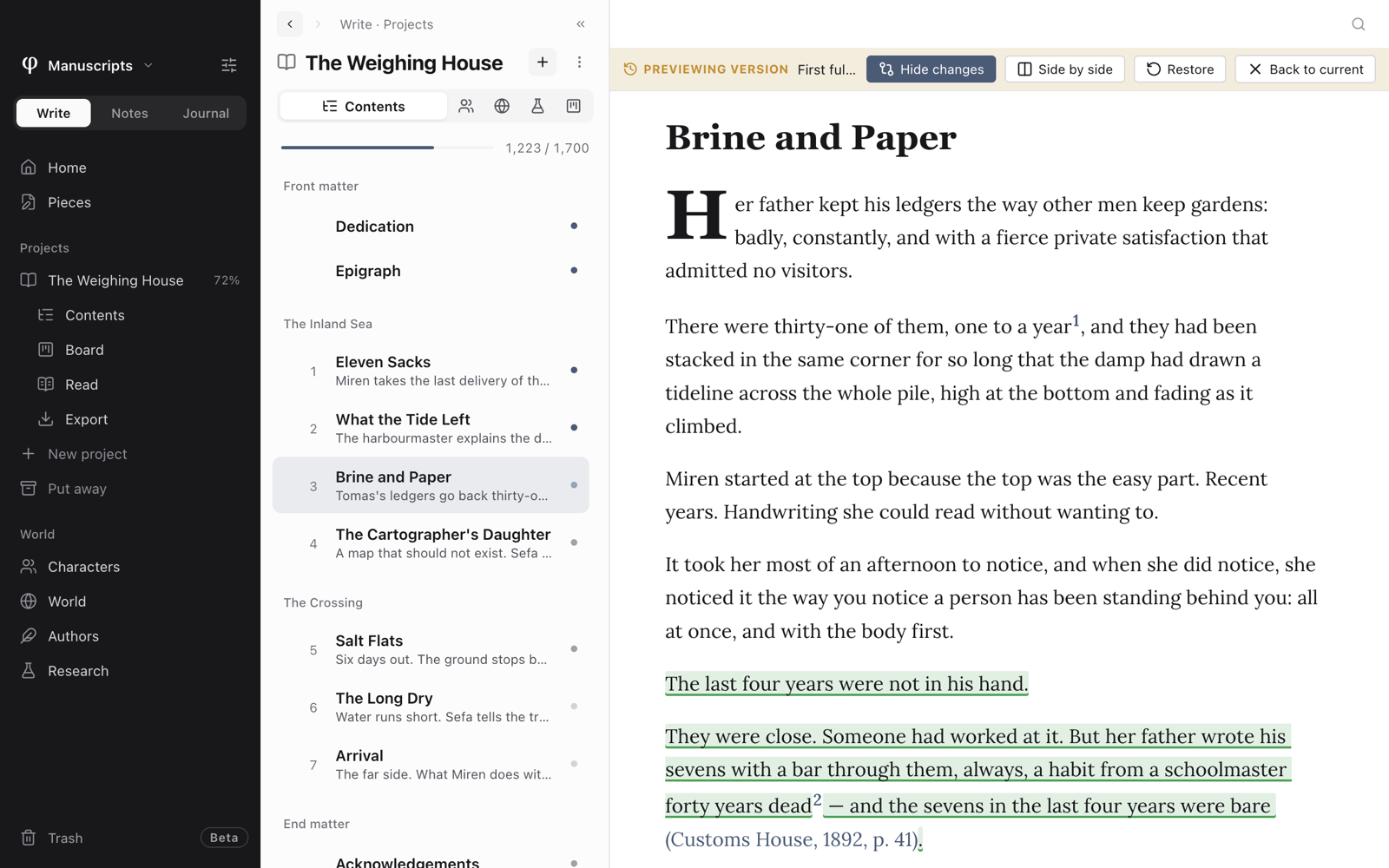 An earlier version of a chapter in preview, with its changes marked and the Restore button