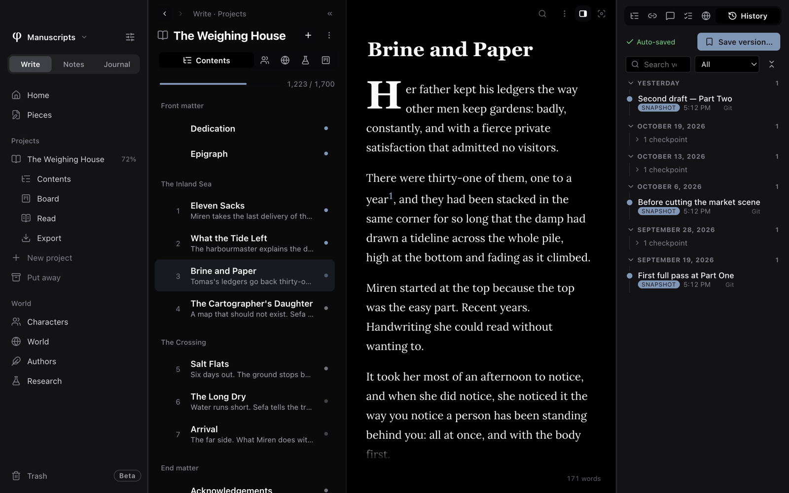 A chapter open with the History tab beside it: Auto-saved, Save version, and named snapshots and checkpoints grouped by day