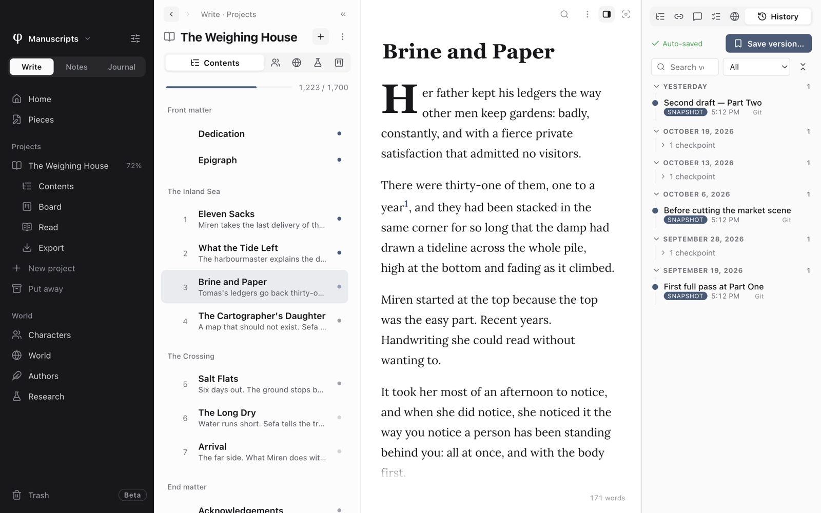 A chapter open with the History tab beside it: Auto-saved, Save version, and named snapshots and checkpoints grouped by day