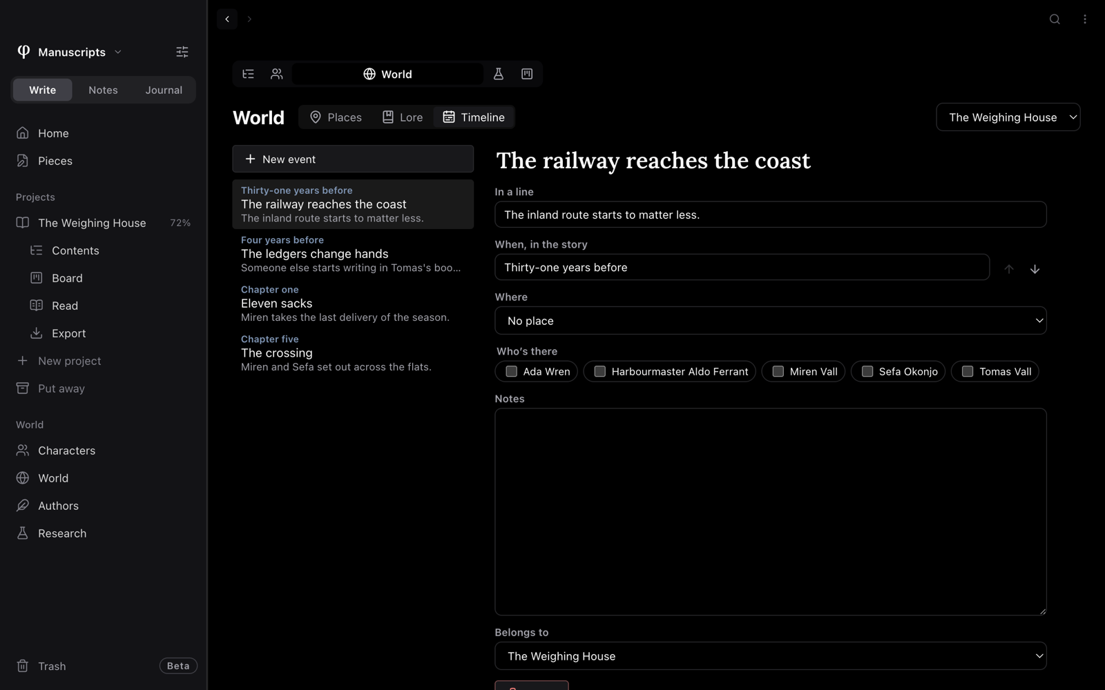 World, on Timeline: the story's events in order, each with when it happens, and the selected one open with where and who